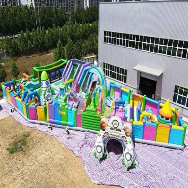 Vibrant inflatable park featuring slides, obstacles, and fun-filled water adventures.