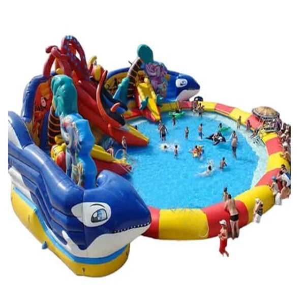 An expansive inflatable water park sprawled over a serene lake, featuring colorful slides, climbing walls, and floating platforms, inviting fun-filled adventures for all ages.